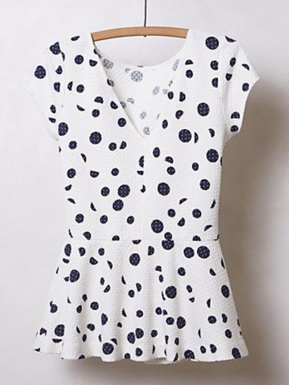 Anthropologie Diamond-Knit Peplum Top in White & Navy Polka Dots
